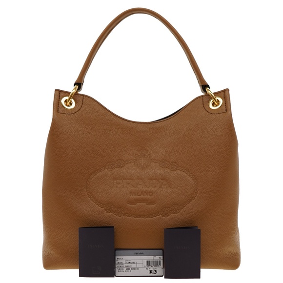 Prada Hobo Shoulder Bag Embossed Logo Caramel Leather 1BC051 New - Picture 4 of 7